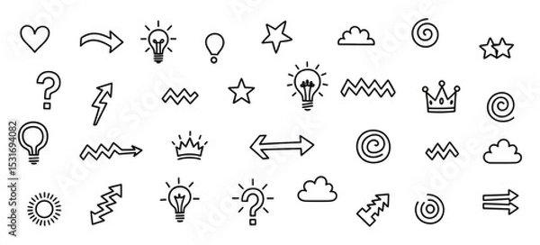 Obraz Diverse array of simple doodle icons representing ideas and directions on a white background