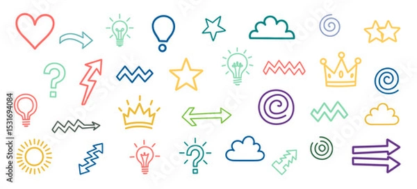 Obraz Collection of Various Hand Drawn Style Doodle Symbols with Hearts Stars Arrows and Lightbulbs