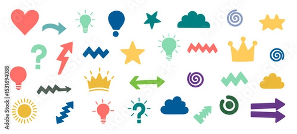 Obraz Doodle Style Icon Assortment with Arrows, Hearts, Stars, Lightbulbs, and Zigzags on White