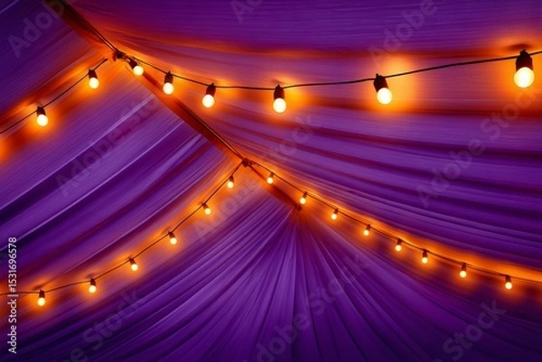 Fototapeta Vibrant purple tent ceiling with glowing string lights