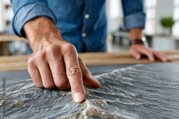 Fototapeta Male hand exploring textured surface in close-up view with focus on finger details