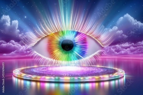 Fototapeta Vibrant neon eye in mystical landscape surrounded by colorful ring and clouds