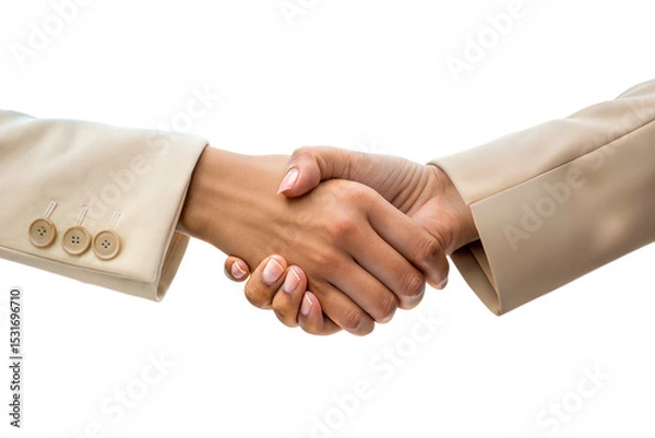Fototapeta Ai generated image of a firm handshake between two women in beige jackets, isolated on transparent background