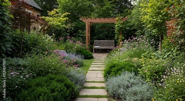 Fototapeta Serene Garden Path Tranquil Landscape Design with Stone Walkway and Wooden Pergola