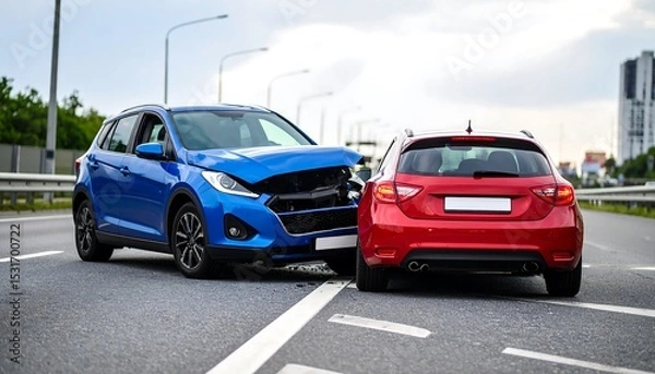 Fototapeta A blue car has crashed into the back of a red car, causing damage and a traffic incident.