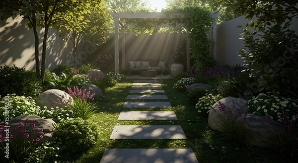 Fototapeta Serene Garden Path Sunlit Stone Walkway Through Lush Greenery and Tranquil Seating Area