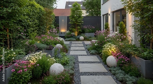 Fototapeta Serene Backyard Oasis Modern Landscape Design with Stone Path and Lush Flowers