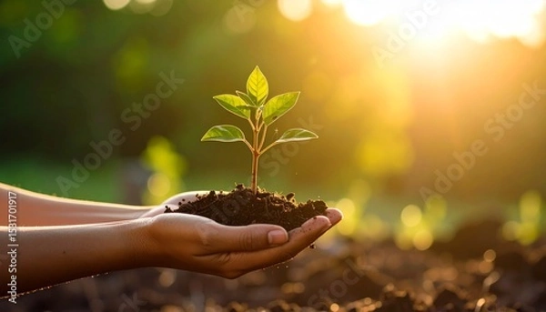 Fototapeta Small seedlings in hand, business growth concept