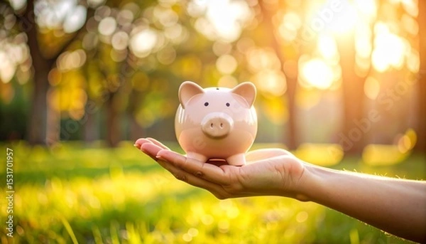Fototapeta Saving money coin into piggy bank in hand closeup Copy space Panorama