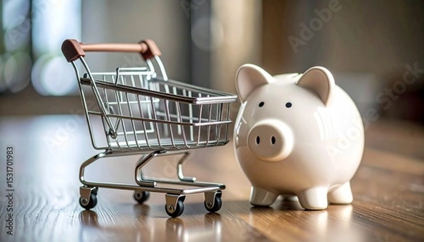 Fototapeta Small shopping cart model attached to a piggy bank