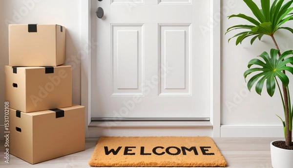 Fototapeta Welcome mat and moving boxes at front door