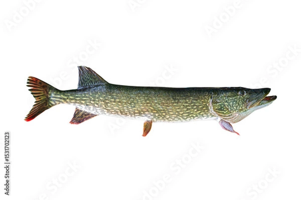 Fototapeta Big Pike live fish isolated on transparent background. Fish pike object for design, advertising and decoration.