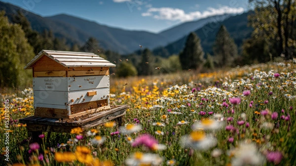 Fototapeta Bees buzzing around wooden hive in colorful wildflower field with mountain background under blue sky