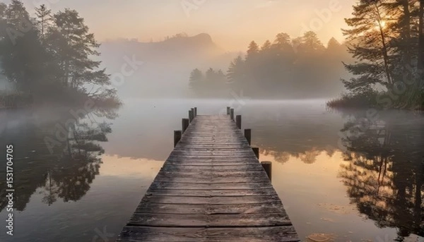 Fototapeta Tranquil misty lake landscape with a weathered wooden plank bridge