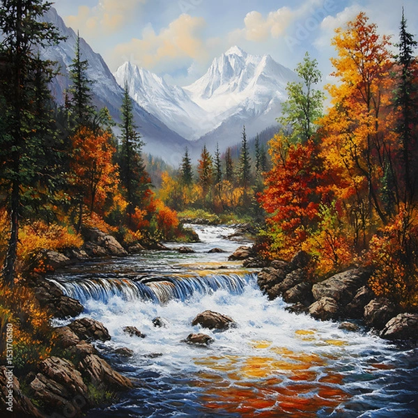 Obraz Autumn river flowing through forest and mountains, vibrant colors.