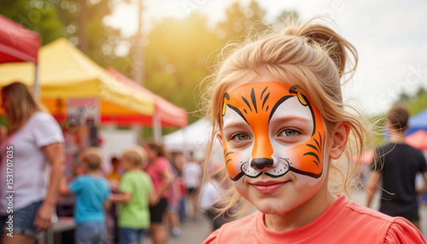 Obraz Girl with tiger face paint smiling at a festival background