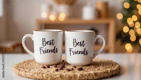 Fototapeta Best friends mugs on a woven mat with bokeh background