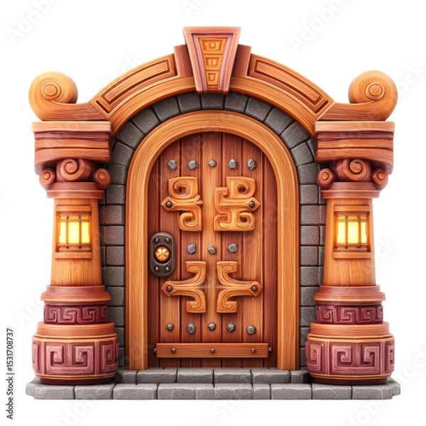 Fototapeta Ornate Wooden Doorway with Stone Pillars and Lanterns