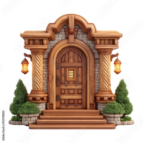Fototapeta Ornate Wooden Doorway with Stone Pillars and Lush Greenery in Detailed Architectural Design