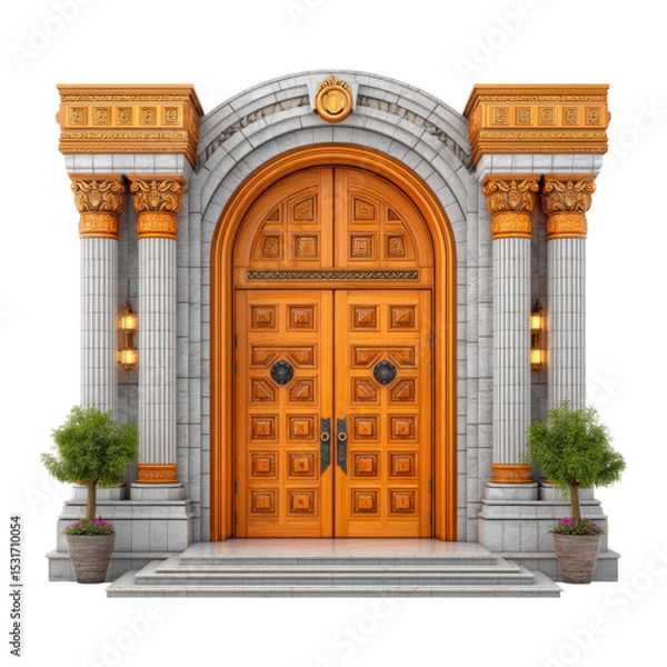 Obraz Ornate Wooden Entrance Door with Intricate Carvings and Stone Columns