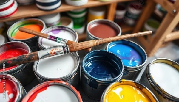 Fototapeta Overhead shot of multiple round paint containers with brushes resting across them