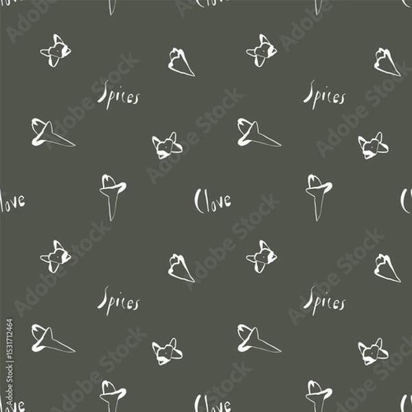 Fototapeta Seamless pattern with hand drawn white clove buds on deep green background for packaging textile and kitchen wall art