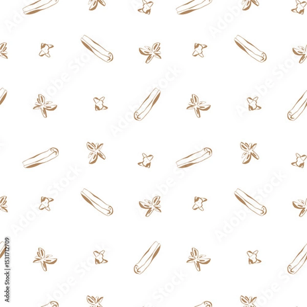 Fototapeta Seamless pattern with cinnamon colored line drawings of spices on clean white background for cooking and packaging