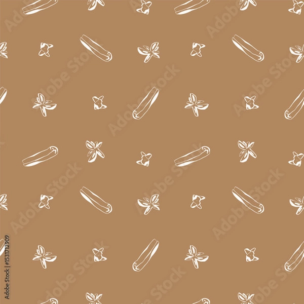 Fototapeta Seamless pattern with white hand drawn spices on warm cinnamon brown background for packaging or kitchen use