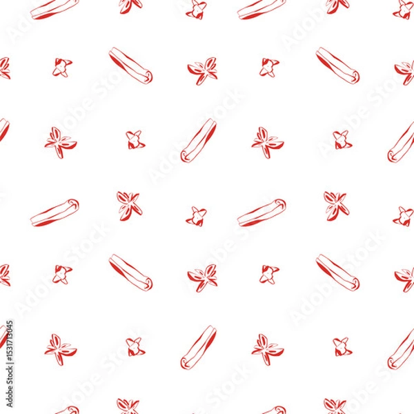 Fototapeta Hand drawn seamless pattern with cinnamon sticks anise and cloves in red color on white background for packaging or textiles