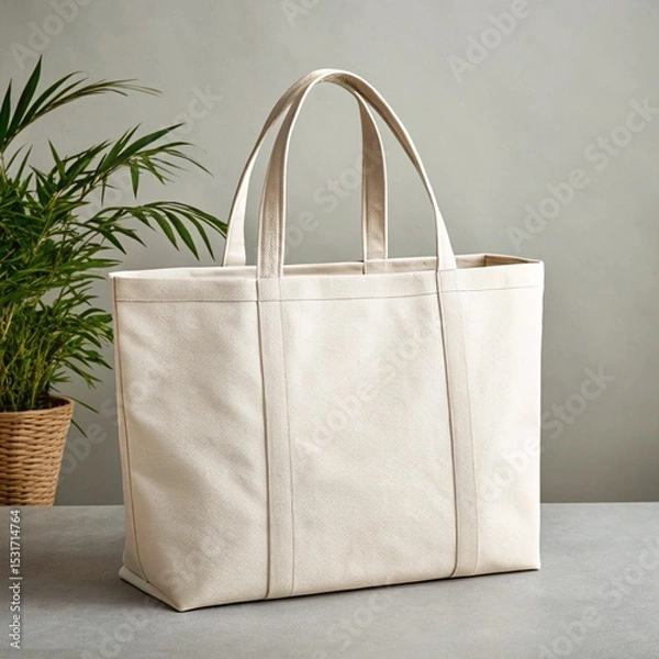 Obraz a sturdy, cream-colored canvas tote bag with reinforced handles stands upright on a grey surface, with a green plant in a woven pot blurred in the background.8