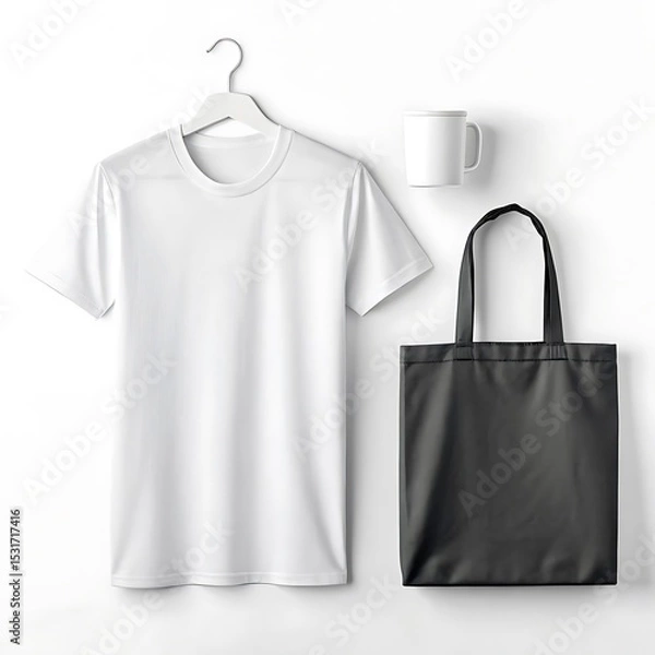 Obraz A white t-shirt on a hanger, a black tote bag, and a white mug are neatly arranged on a white background.