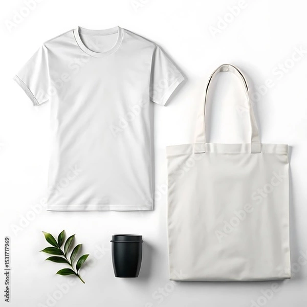 Obraz A blank white short-sleeved t-shirt and a white tote bag are laid flat on a white surface, accompanied by a small black cup and a green leafy branch.