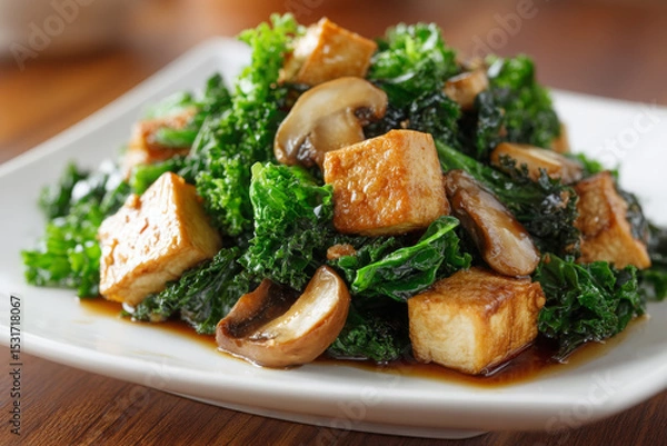 Fototapeta Stir fried kale with tofu and mushrooms in savory sauce, delicious and healthy dish