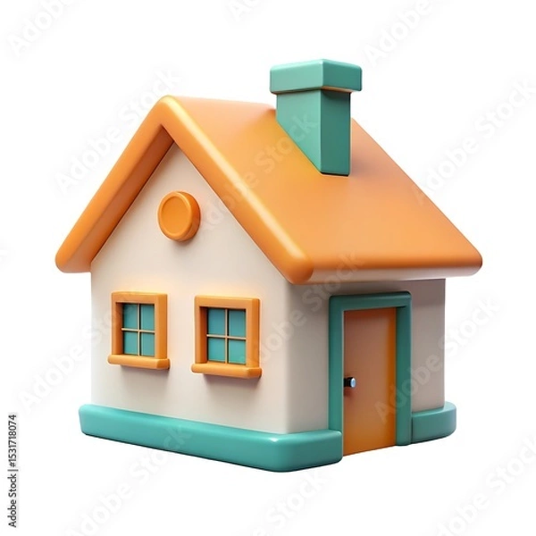 Fototapeta Colorful 3d render of a charming house with orange roof and teal accents isolated on white