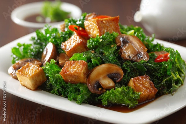 Fototapeta Delicious stir fried kale with tofu and mushrooms, garnished with chili for vibrant touch