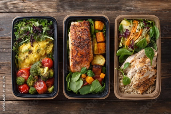 Fototapeta Healthy meal prep containers with salmon, chicken, and vegetables arranged neatly wooden table