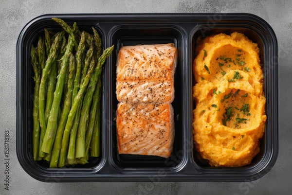 Fototapeta Healthy meal prep box with salmon, mashed potatoes, and asparagus, perfect for nutritious eating