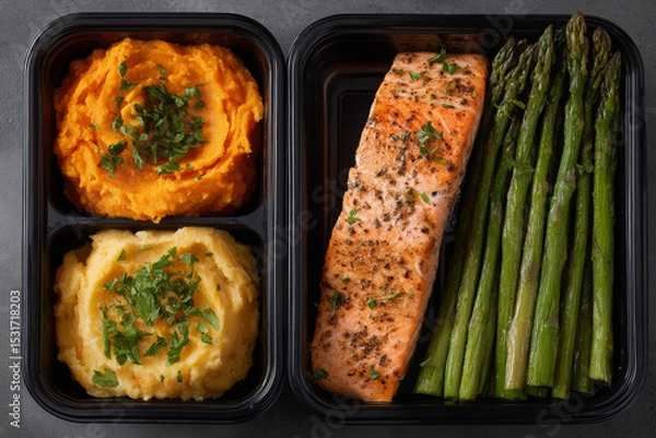 Fototapeta Healthy meal prep box with salmon, mashed potatoes, and asparagus, perfect for nutritious eating