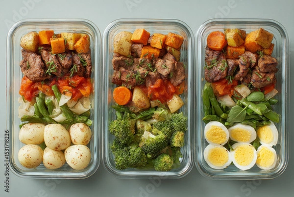 Fototapeta Healthy meal prep in glass containers with vegetables, protein, and eggs