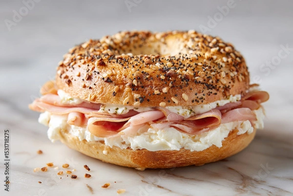 Fototapeta Toasted bagel with cream cheese and smoked ham, topped with seeds, perfect for breakfast