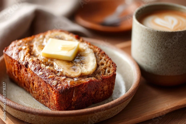Fototapeta Delicious toasted banana bread with butter served on ceramic plate, perfect for breakfast