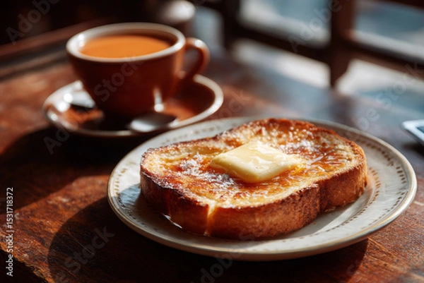 Fototapeta Delicious toast with butter and sugar served on classic cafe table with coffee