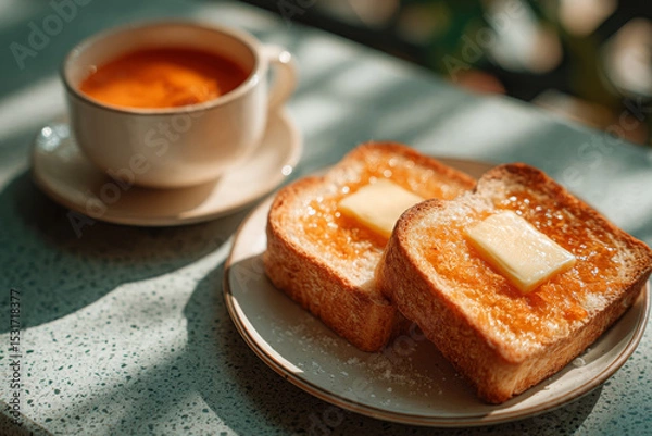 Fototapeta Freshly toasted bread with butter and sugar, paired with warm cup of tea, creates cozy