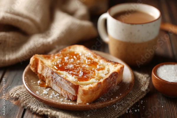 Fototapeta Delicious toast with sweet topping and sugar served with coffee on rustic table