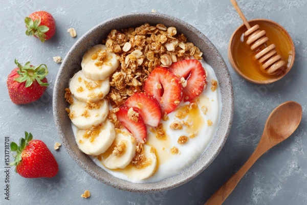Fototapeta Creamy yogurt bowl with granola, fresh strawberries, and banana slices, drizzled with honey