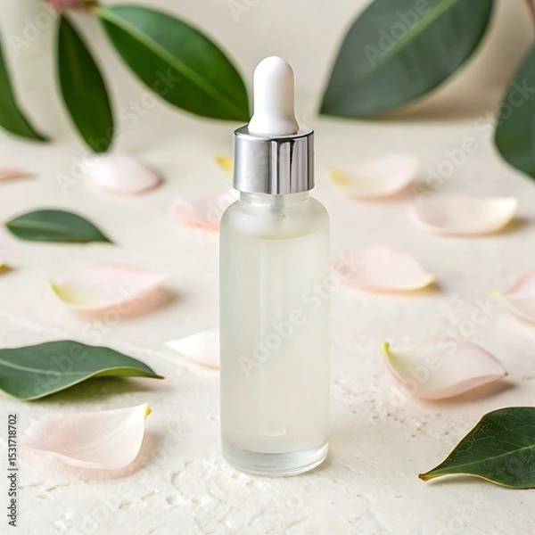 Obraz A translucent dropper bottle for serum, with a silver cap and white dropper, is placed on a textured white surface, surrounded by scattered pink petals and green leaves.