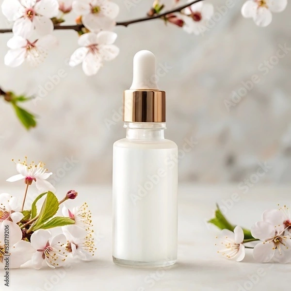 Obraz A white cosmetic serum dropper bottle with a rose gold accent sits centered on a light surface, framed by delicate white cherry blossoms.