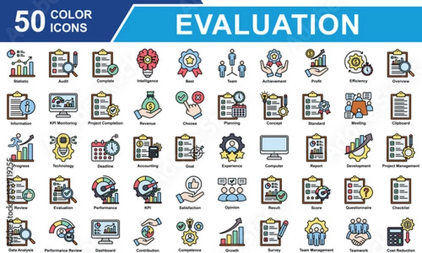 Fototapeta Performance Review Icon Set Collection. Containing Statistics, Audit, Survey, Score, Standard, Competence, Review, Evaluation, Performance, Result, Data Analysis. Simple Color Vector Illustration.