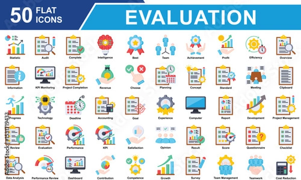 Obraz Performance Review Icon Set Collection. Containing Statistics, Audit, Survey, Score, Standard, Competence, Review, Evaluation, Performance, Result, Data Analysis. Simple Flat Vector Illustration.