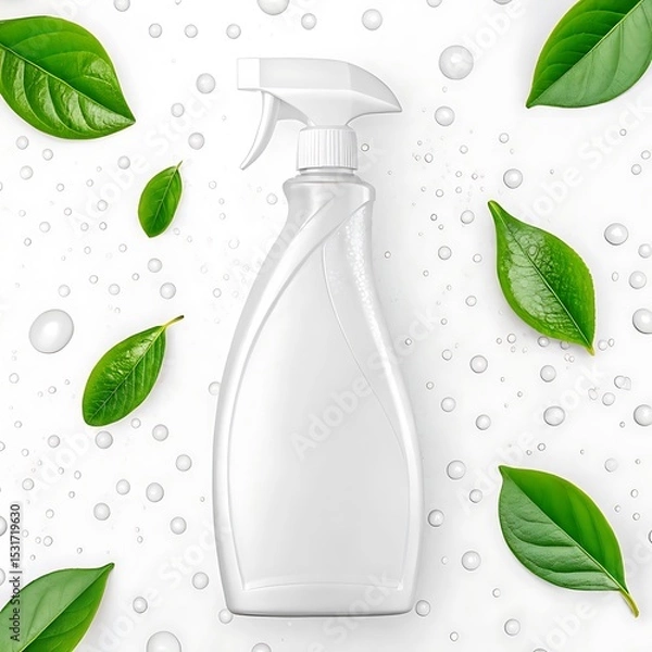 Obraz A clear trigger spray bottle stands upright on a white surface covered in water droplets, surrounded by several vibrant green leaves.